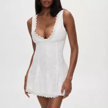 White Embroidered V-Neck Mini Dress: Hollow-Out A-Line